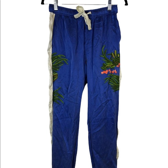 Maharishi | Silk Track Pants Joggers Floral Embroidered Blue Size 10 Y2K - Picture 1 of 6